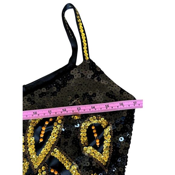 Beaded Sequin Womens Mini Dress Bodycon Party Cocktail Evening S/M Black Gold - Picture 9 of 10